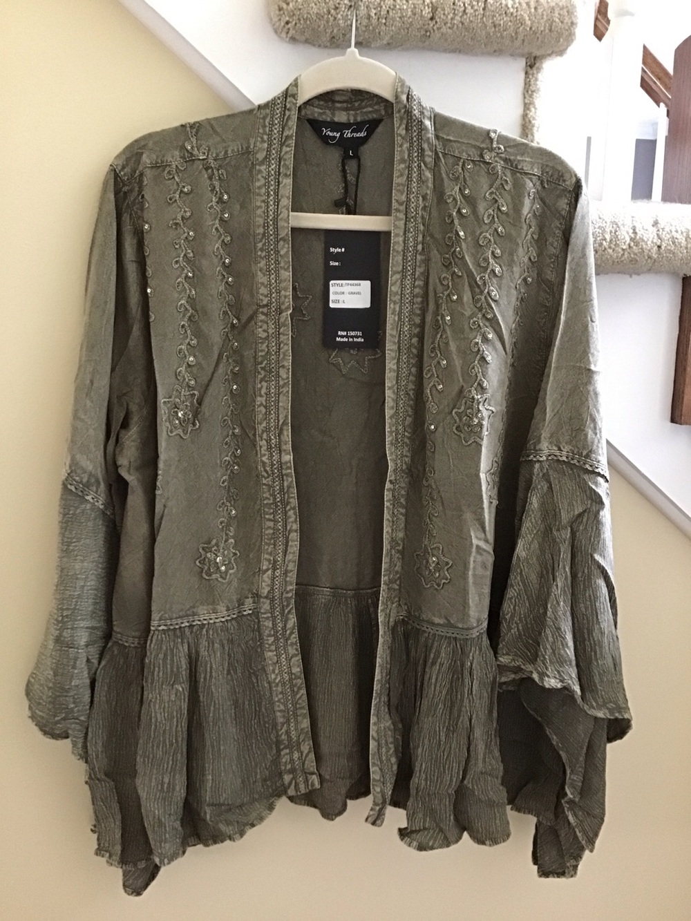 YOUNG THREADS Kimono Olive Embroidered Size Small Large XLarge